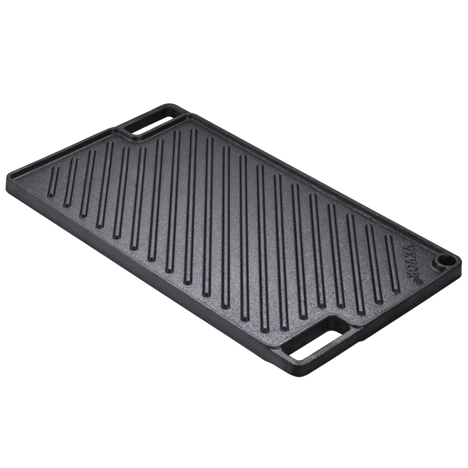 Front. VEVOR - Reversible Grill/Griddle, 9.7"x16.7" Pre-Seasoned Cast Iron Griddle, Rectangular Double Burner Griddle Pan - Black.