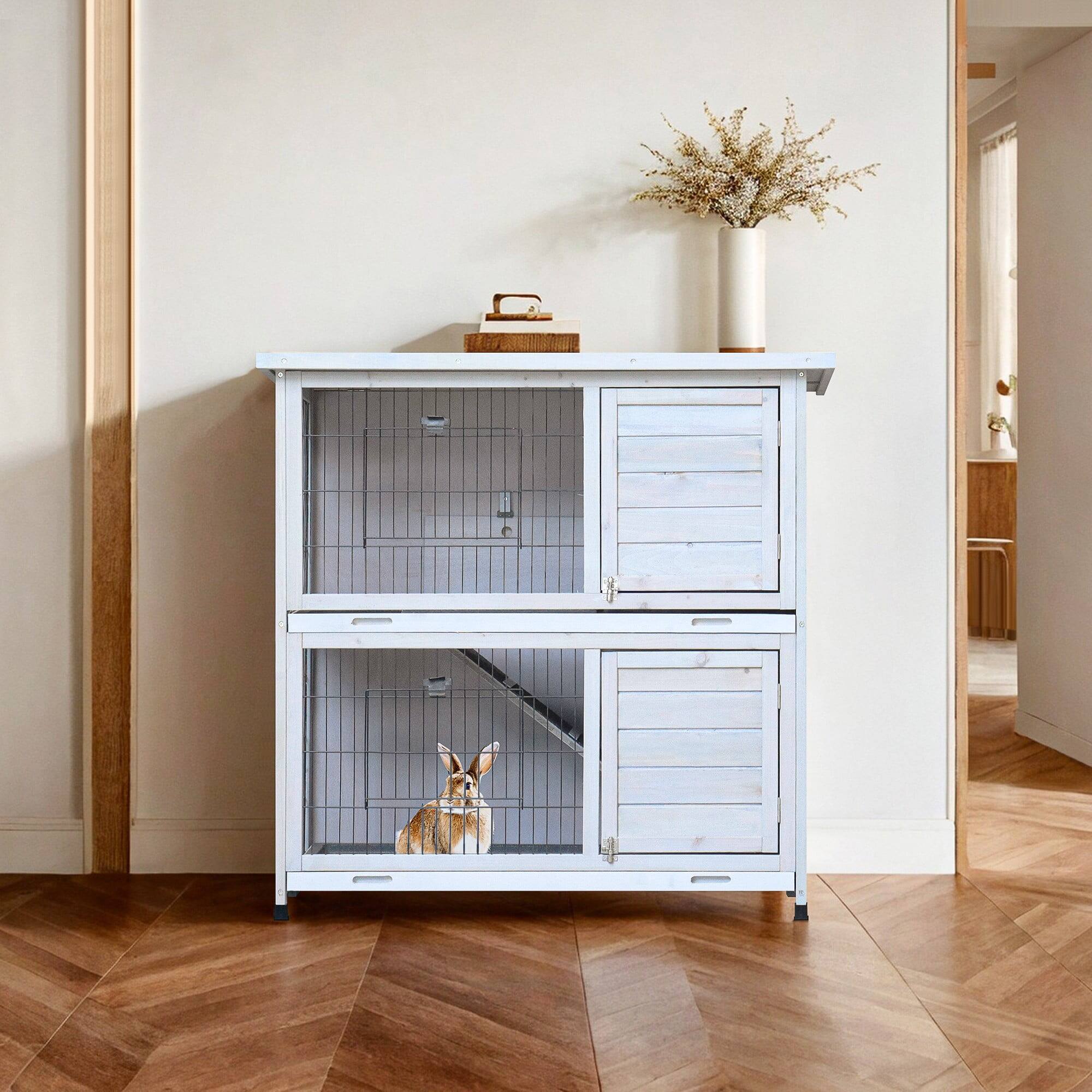 Alt View 6. Pefilos - 41" Rabbit Hutch with Tray,  2-Tier Wooden Bunny House Guinea Pig Cages with Ramp.