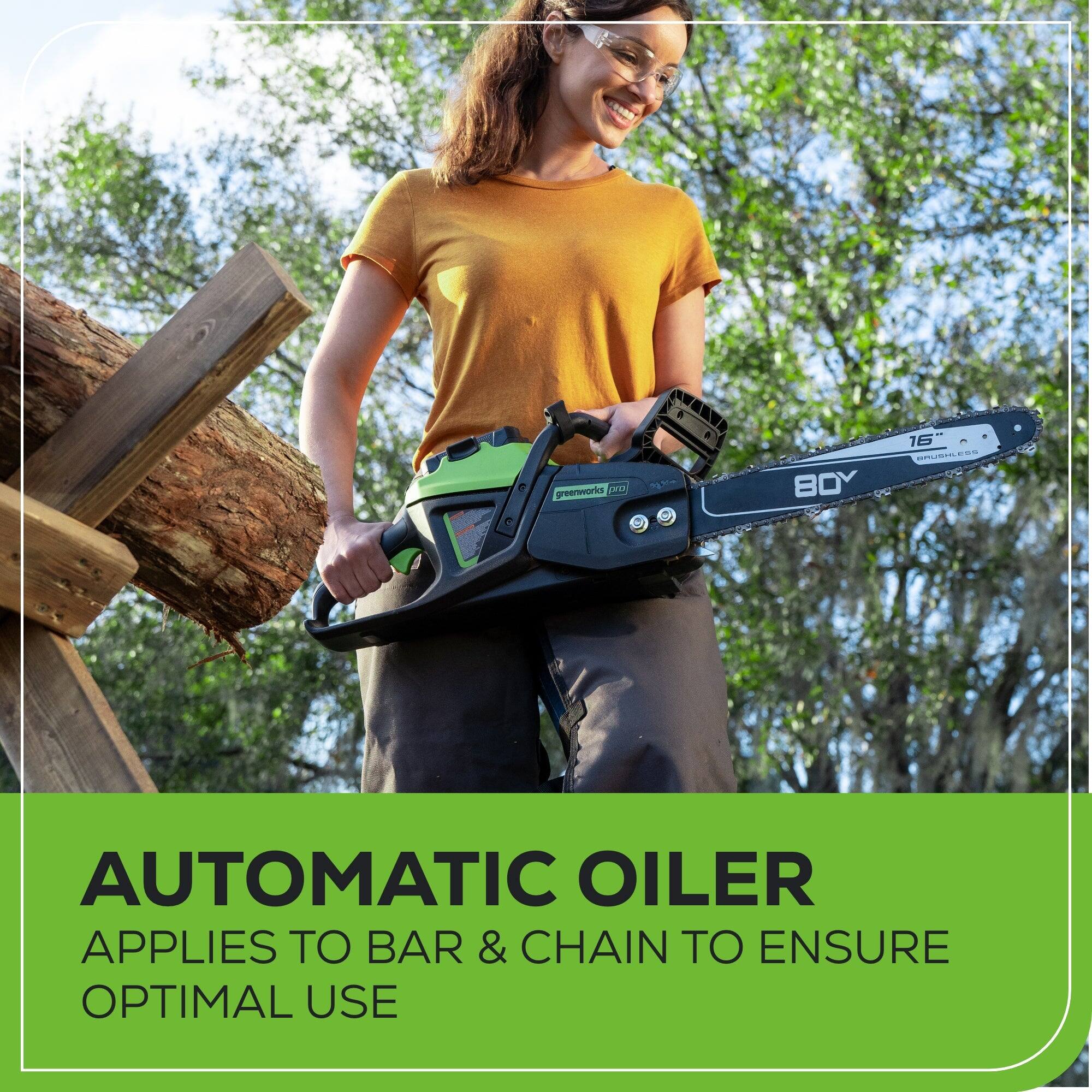The text on the image is: "Greenworks Automatic Oiler Applies to Bar & Chain to Ensure Optimal Use."