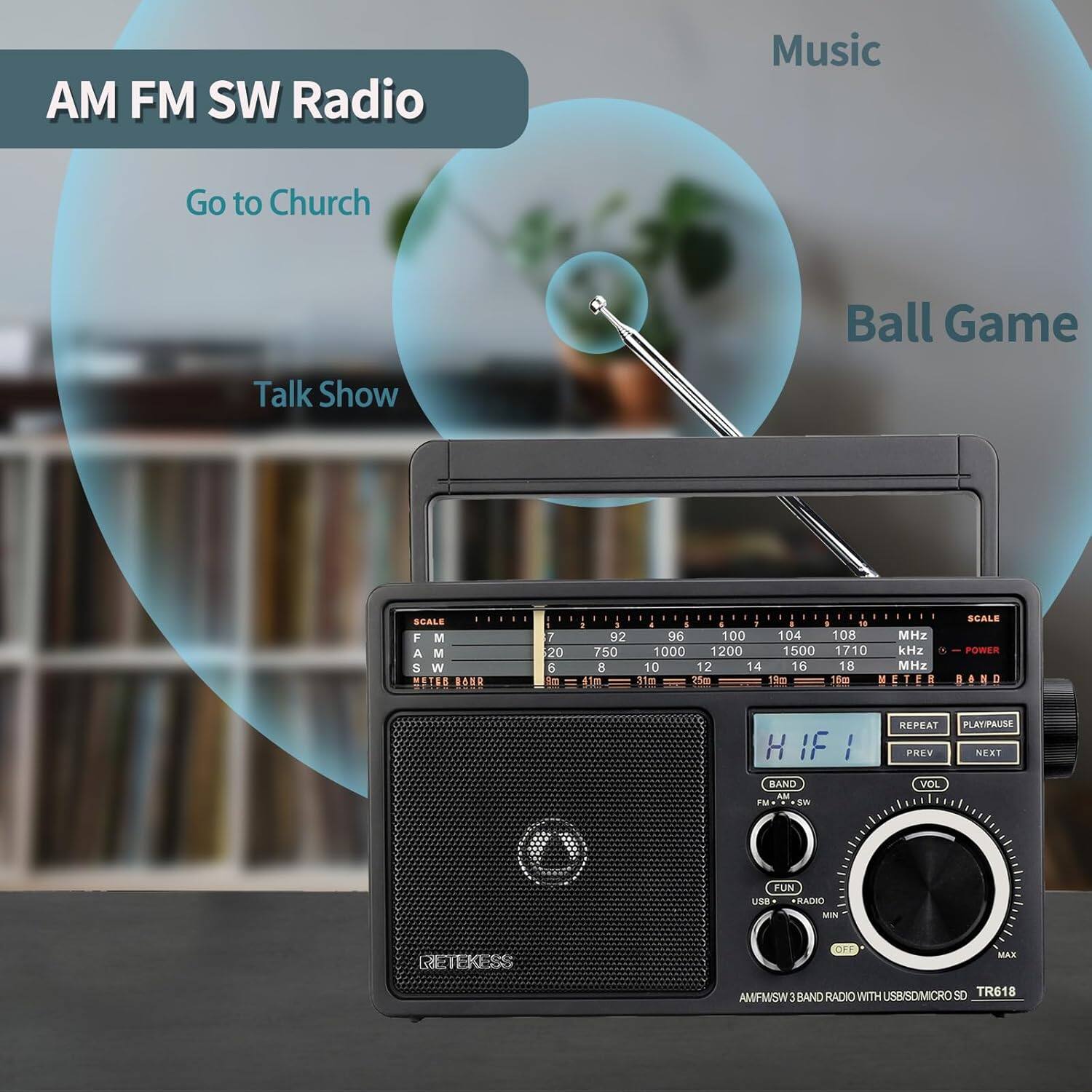 AM FM SW Radio  
Music  
Go to Church  
Talk Show  
Ball Game  

SCALE  
F M A M 5 W .  
METES  
2 20 6 Sm 92 750 8 4im 96 100 104 108 1000 1200 1500 1710 10 12 14 16 18 31m dda 15m 16m S MHz kHz - MHz E 8  

SCALE POWER  
5 a H IF I KEPPAT  
PLAY/PAUSE PREV NEXT RAND  
A FM S VOL TUN USB RADIO MIN  
RETEK OFF MAX  
BAND RADIO WITH USB/SD/MICRO  
S0 TR618 AMIMSW
