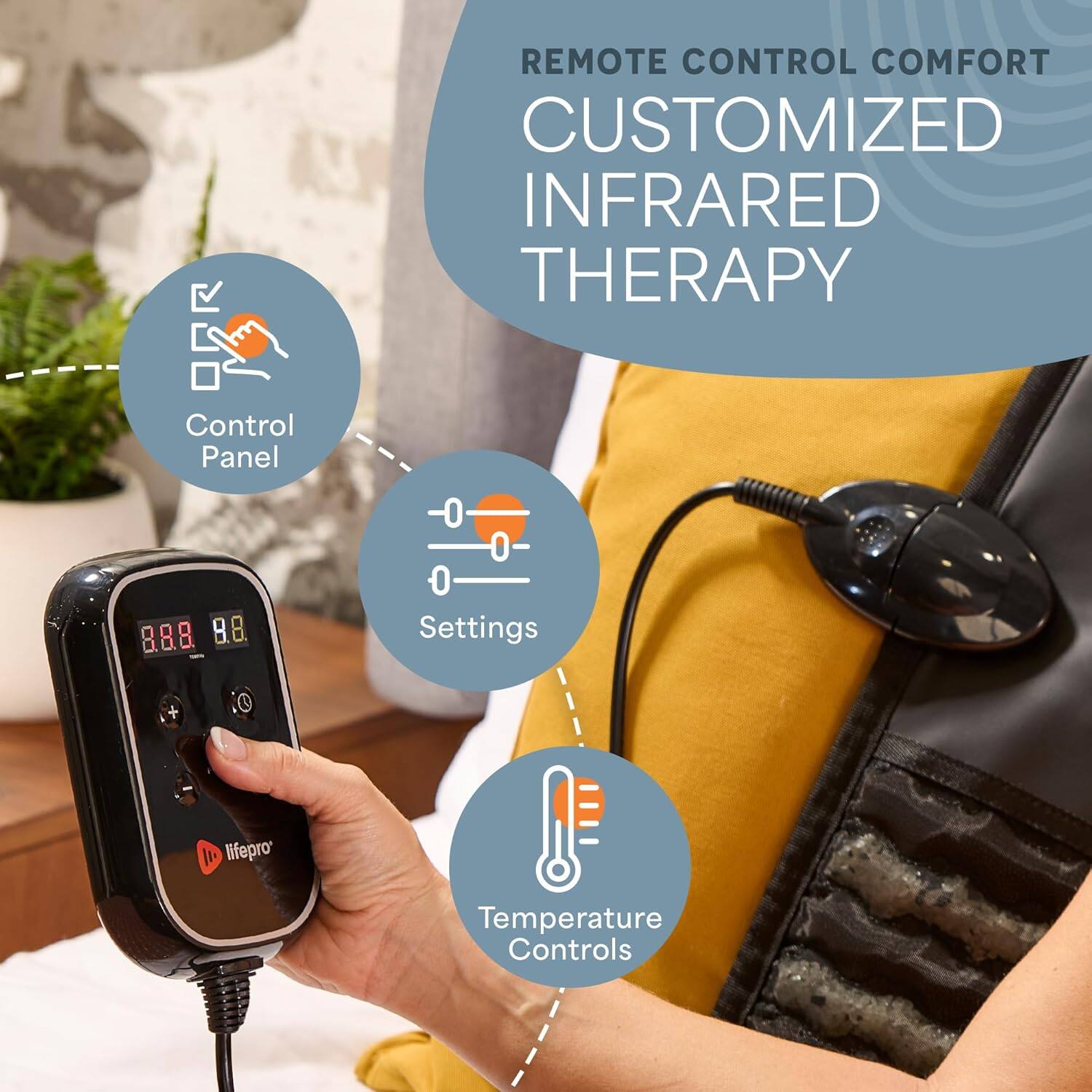 REMOTE CONTROL COMFORT  
CUSTOMIZED INFRARED THERAPY

- Control Panel
- Settings
- Temperature Controls