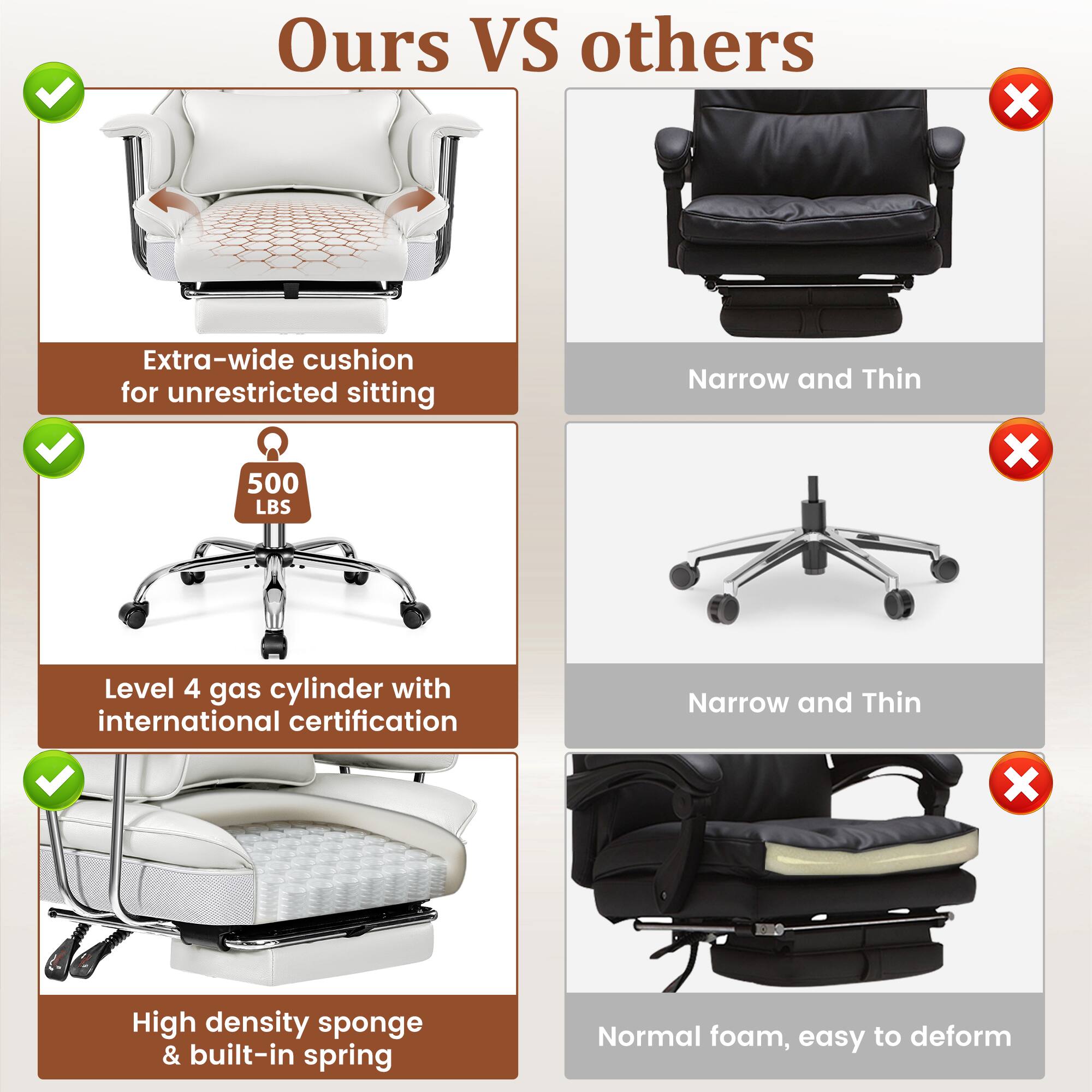 Ours VS others

- Extra-wide cushion for unrestricted sitting
- Level 4 gas cylinder with international certification
- High density sponge & built-in spring

Others

- Narrow and Thin
- Narrow and Thin
- Normal foam, easy to deform