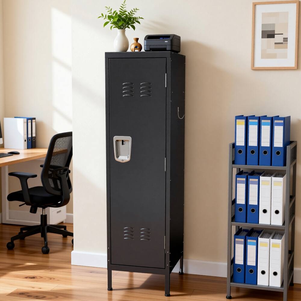 Alt View 8. Loheer - Loheer 55 Inch Tall Metal Wardrobe Cabinet, Waterproof Steel Clothing Locker with Lock and Ventilated Door - Matte Black.