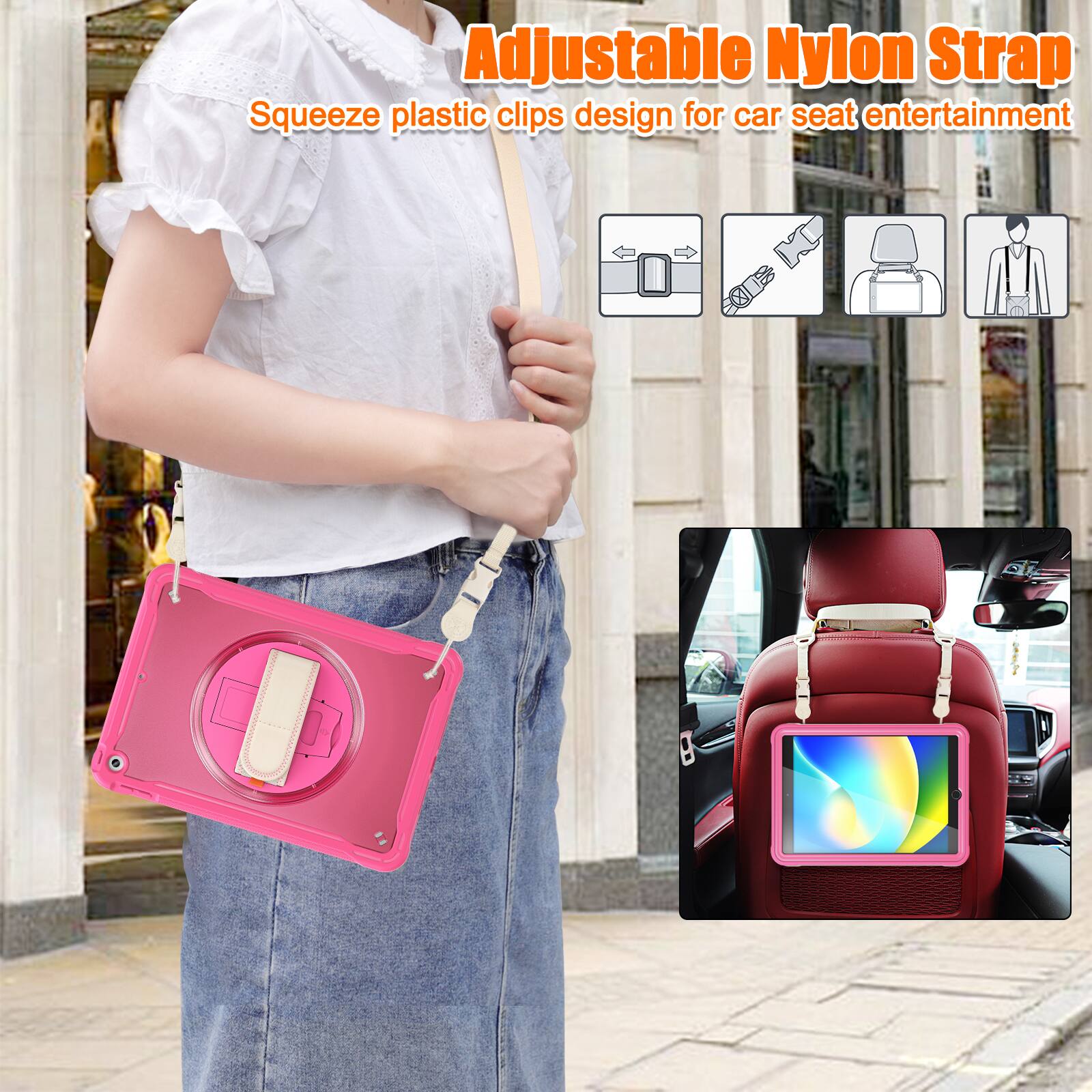 Adjustable Nylon Strap  
Squeeze plastic clips design for car seat entertainment