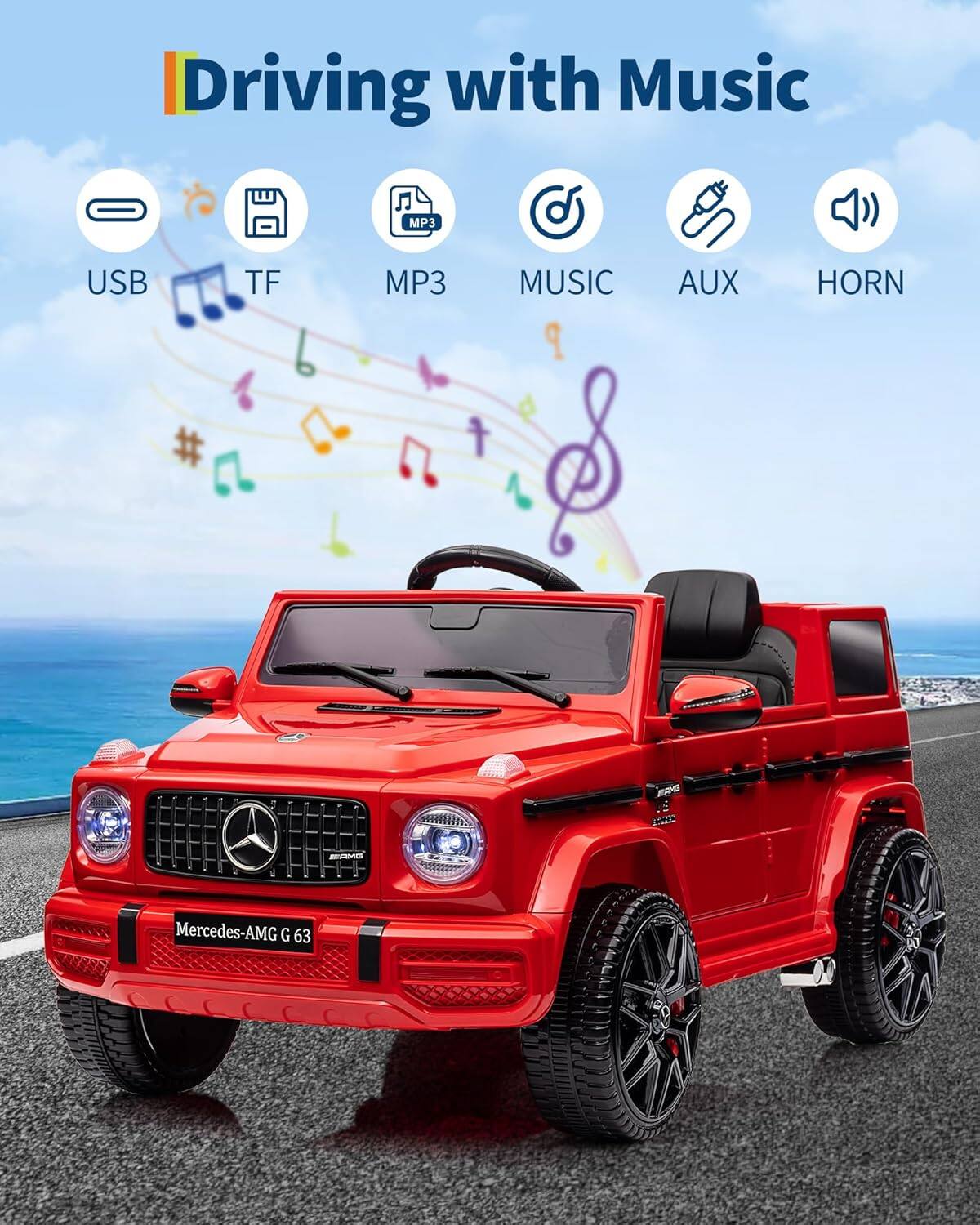 Driving with Music

- USB
- TF
- MP3
- MUSIC
- AUX
- HORN

Mercedes-AMG G 63