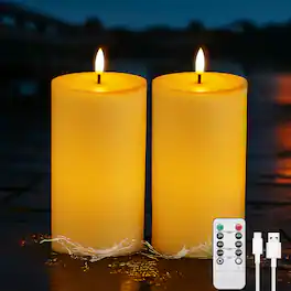 IMAGE - 2 Pack Outdoor Waterproof Flameless Candles with Timer & Remote Control, Rechargeable LED Pillar Candles - Ivory White