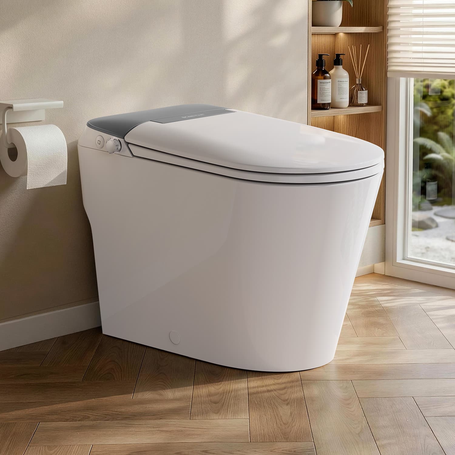 Koligey - 17.5" ADA Non-Electric Bidet Toilet, MAP 1000g Powerful Flush Smart Toilet with Lady/Rear Wash, Foot-kick Flush - White/Gray
