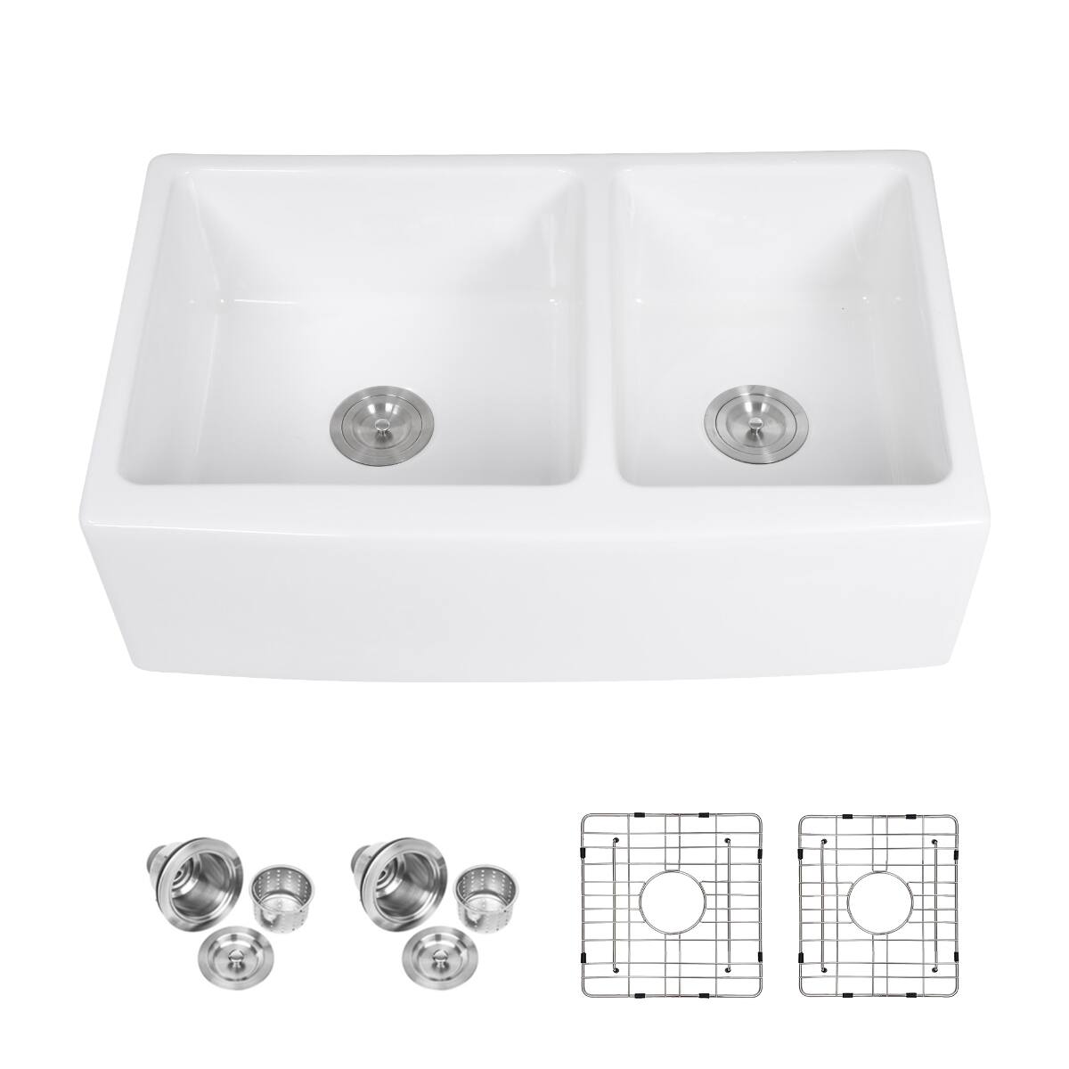 Alt View 2. Ropilly - Ropilly 33 inch white farmhouse sink ceramic double bowl apron front kitchen sink with dish grids and strainers - White.