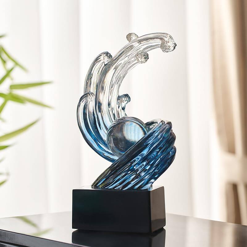 Alt View 4. Refined Abode Design - Modern Abstract Decorative Wave Statue Blue Art Home Decor Crystal Ball Sculpture Office Desk Stand Dining.