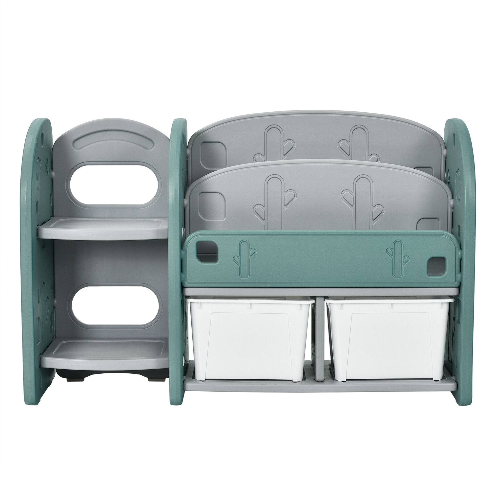 Alt View 9. Gymax - Gymax Kids Toy Storage Organizer w/ 2-Tier Bookshelf & Plastic Bins - Green.