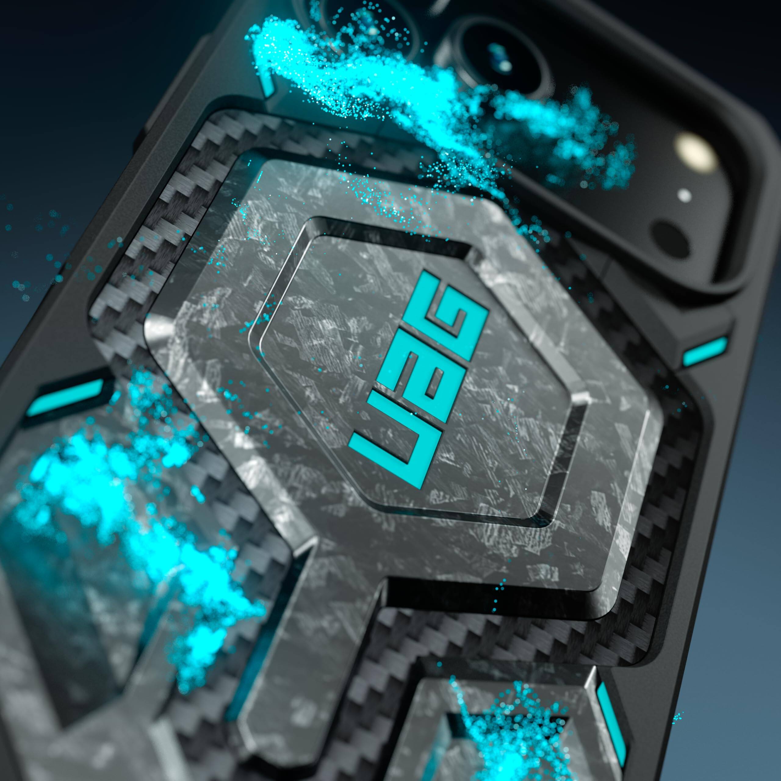 Alt View 2. UAG - iPhone 18 Pro/iPhone 17 Pro Case with MagSafe, Forged Carbon Chips with Vibrant Blue Accent, Premium Protective Cover - Forged Carbon Fiber/Blue.