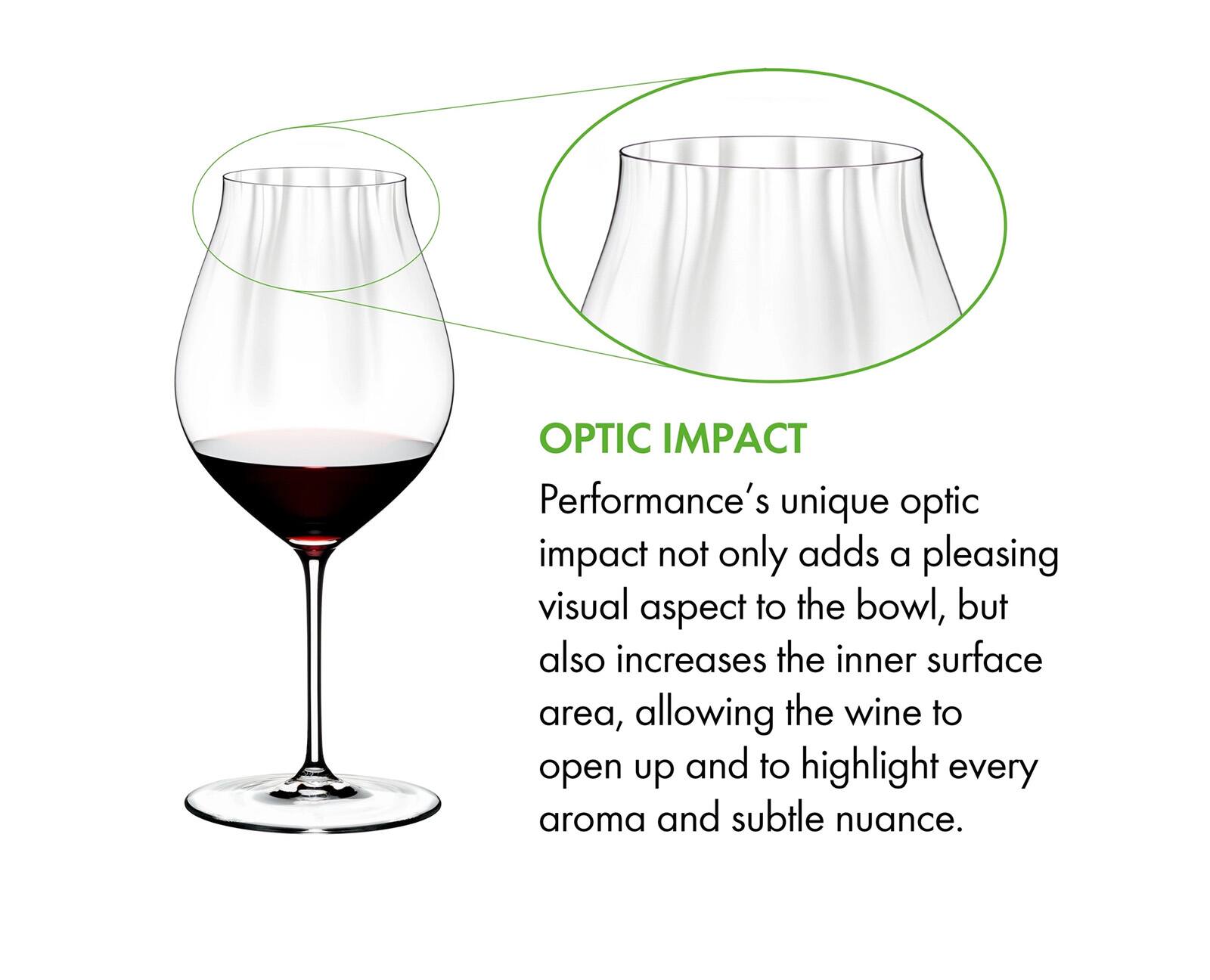 OPTIC IMPACT

Performance's unique optic impact not only adds a pleasing visual aspect to the bowl, but also increases the inner surface area, allowing the wine to open up and to highlight every aroma and subtle nuance.