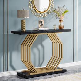 Tribesigns - Gold Console Table, Faux Marble Entryway Table Narrow Sofa Table with Geometric Metal Base, 40 Inch Modern Accent Table - Black