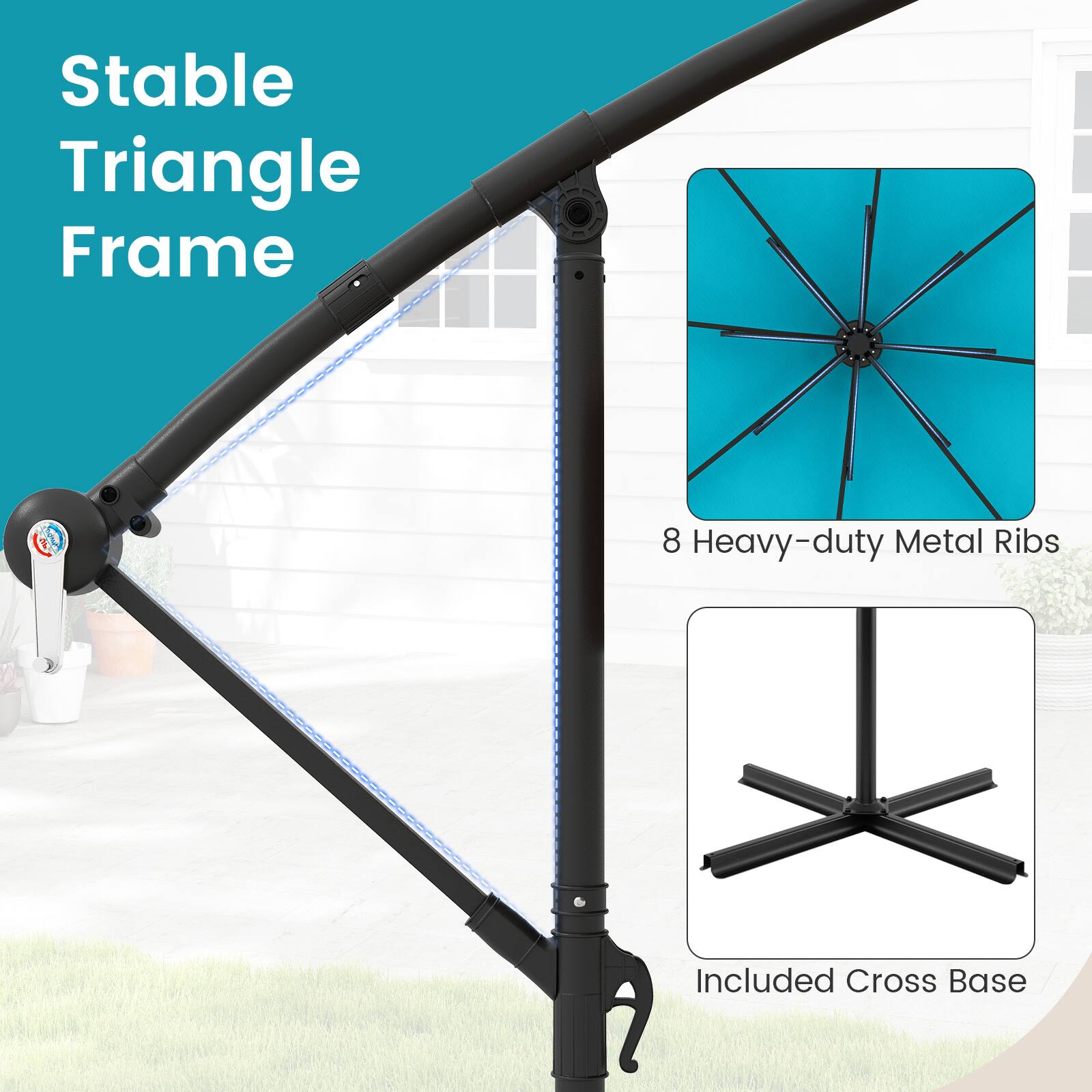 Stable Triangle Frame, 8 Heavy-duty Metal Ribs, Included Cross Base
