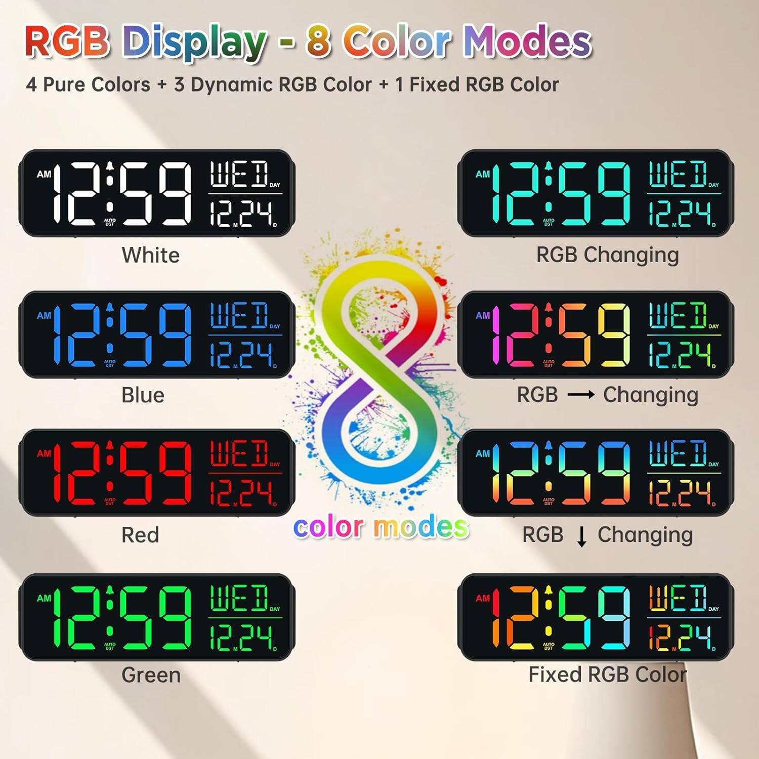 RGB Display - 8 Color Modes  
4 Pure Colors + 3 Dynamic RGB Color + 1 Fixed RGB Color  

- White  
- Blue  
- Red  
- Green  
- RGB Changing  
- RGB → Changing  
- RGB ↓ Changing  
- Fixed RGB Color