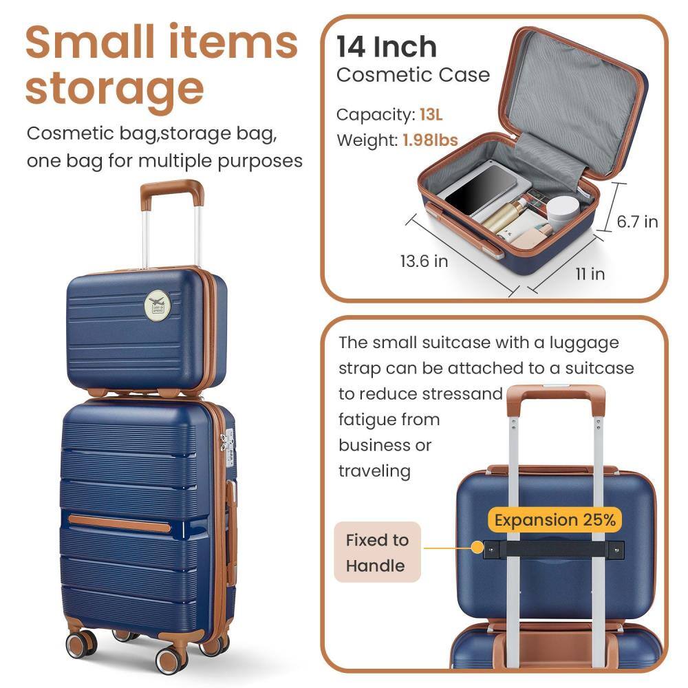 Small items storage  
Cosmetic bag, storage bag, one bag for multiple purposes  

14 Inch Cosmetic Case  
Capacity: 13L  
Weight: 1.98lbs  

The small suitcase with a luggage strap can be attached to a suitcase to reduce stress and fatigue from business or traveling  

Fixed to Handle  
Expansion 25%