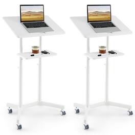 Costway - 2 PCS Mobile Lectern Podium with Tilting Top Storage Tray Lockable Casters - White