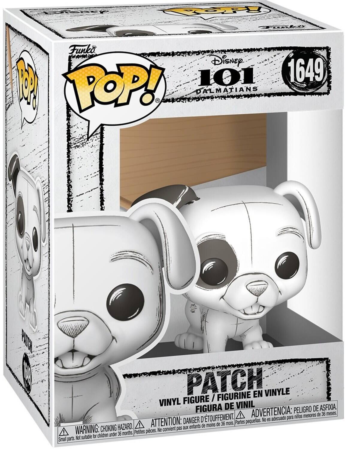 POP! Disney 101 Dalmatians 1649 Patch Vinyl Figure / Figurine en Vinyle / Figura de Vinil / Figura de Peluche.  
Warning: Choking Hazard. Small parts. Not suitable for children under 36 months.  
Attention: Danger d'étouffement. Ne convient pas aux enfants de moins de 36 mois.  
Advertencia: Peligro de asfixia. No es adecuado para niños menores de 36 meses.