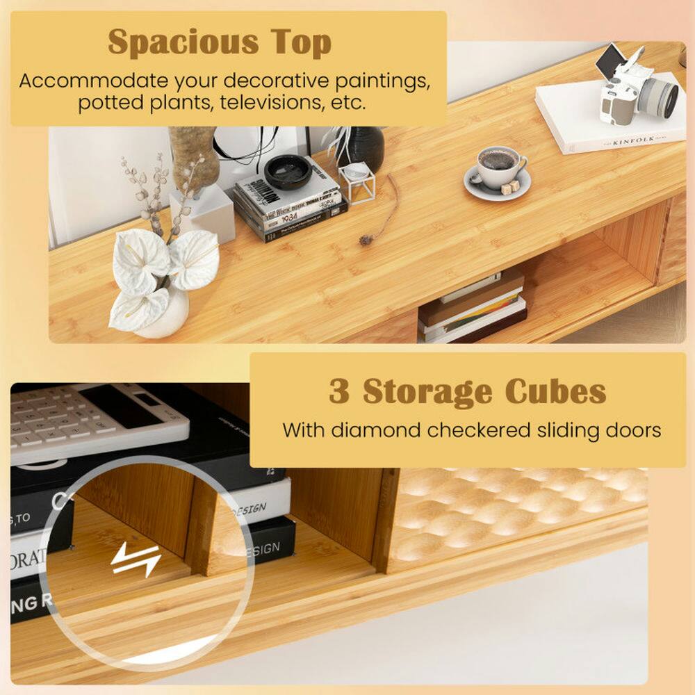 Spacious Top  
Accommodate your decorative paintings, potted plants, televisions, etc.

3 Storage Cubes  
With diamond checkered sliding doors