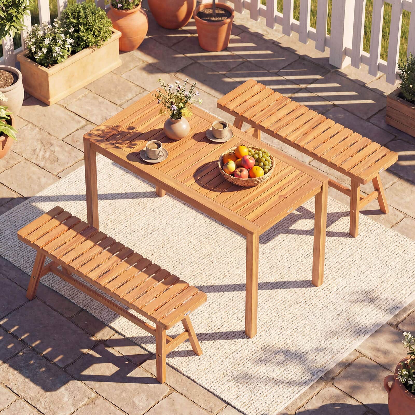 Costway - 3 PCS Acacia Wood Patio Dining Set with Slatted Seats for Deck, Lawn and Backyard - Natural