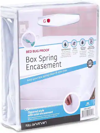 **Bed Bug Proof Box Spring Encasement**
- **Waterproof**: On top, sides and bottom. Completely seals out moisture, sweat & anything wet.
- **Quiet**: No crinkling or annoying sounds.
- **Bed Bug Proof**: Dust mite proof, hypoallergenic, chemical-free, healthy & clean.
- **Machine Wash & Dry**: Check care label for details on how to extend the life of this product.
**Features**:
- Zippered style with total encasement.
- Tight zipped enclosure, keeps bugs out completely!
- Perfect protection from bed wetting and everyday use.
**Certified** by NATTRMED.
**Size**: FULL (54"x75"x10")
**Item #**: 05391
**Brand**: MasterTex