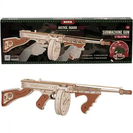 ROKR
SUBMACHINE GUN
ROKR
Battlefield Dominator
JUSTICE GUARD
14+ SUBMACHINE GUN II Fire At Will II
Scan THE QR code for display video
Gear Drive Model
Multi-player Battle
Mortise & Tenon Joint
Rubber Brand Bullet
EJECTION DRUM MAGAZINE
Thompson submachine gun