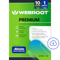 Webroot Premium with Allstate Identity Protection:
* 10 devices, 1 year
* Doesn't slow down scans in a flash
* Doesn't use up space
* Antivirus threat & scam alerts
* Dark web & SSN monitoring
* 24/7 US-based support with ID restoration experts
* Up to $1 million in identity theft expense reimbursement
* Includes Allstate Identity Protection
* Package includes iOS.