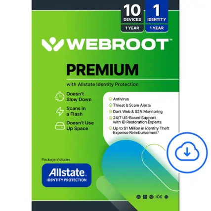 Webroot Premium with Allstate Identity Protection:

* 10 devices, 1 year
* Doesn't slow down scans in a flash
* Doesn't use up space
* Antivirus threat & scam alerts
* Dark web & SSN monitoring
* 24/7 US-based support with ID restoration experts
* Up to $1 million in identity theft expense reimbursement
* Includes Allstate Identity Protection
* Package includes iOS.