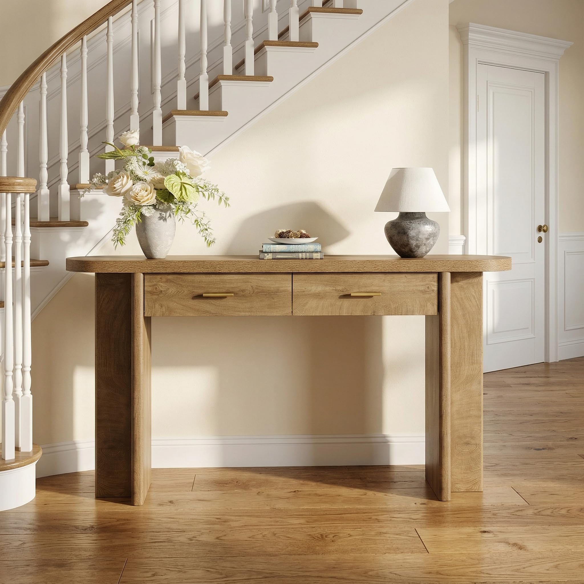 Back. Tribesigns - 63-Inch Farmhouse Console Table with 2 Drawers, Oval Curved Entryway Table with Storage, Slim Sofa Table for Living Room - Brown.