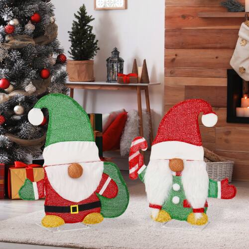 Front. Winado - 2 PCS Christmas 24inLighted Gnome and Candy Cane 2D Decoration with LED Lights for Holiday - Red & Green.