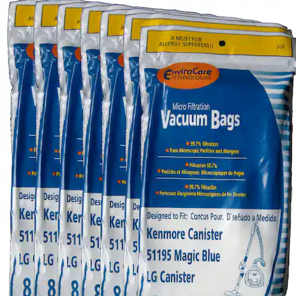 A LIST FOR ALLERGY SUFFERERS!!
208 EnviroCare TECHNOLOGIES
Micro Filtration Vacuum Bags
99.7% Filtration
Traps Microscopic Particles and Allergens
Filtración 99.7%
Particules et Allergenes Microscopiques de Poges
Particules Allergéniques Microscopiques de los Desviers
Designed to Fit:
Kenmore Canister 51195 Magic Blue
LG Canister