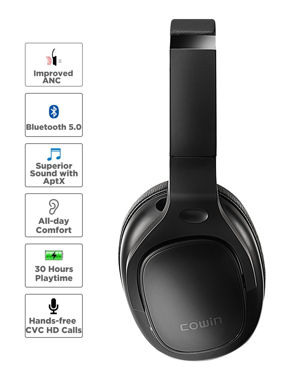 - Improved ANC
- Bluetooth 5.0
- Superior Sound with AptX
- All-day Comfort
- 30 Hours Playtime
- Hands-free CVC HD Calls

cowin