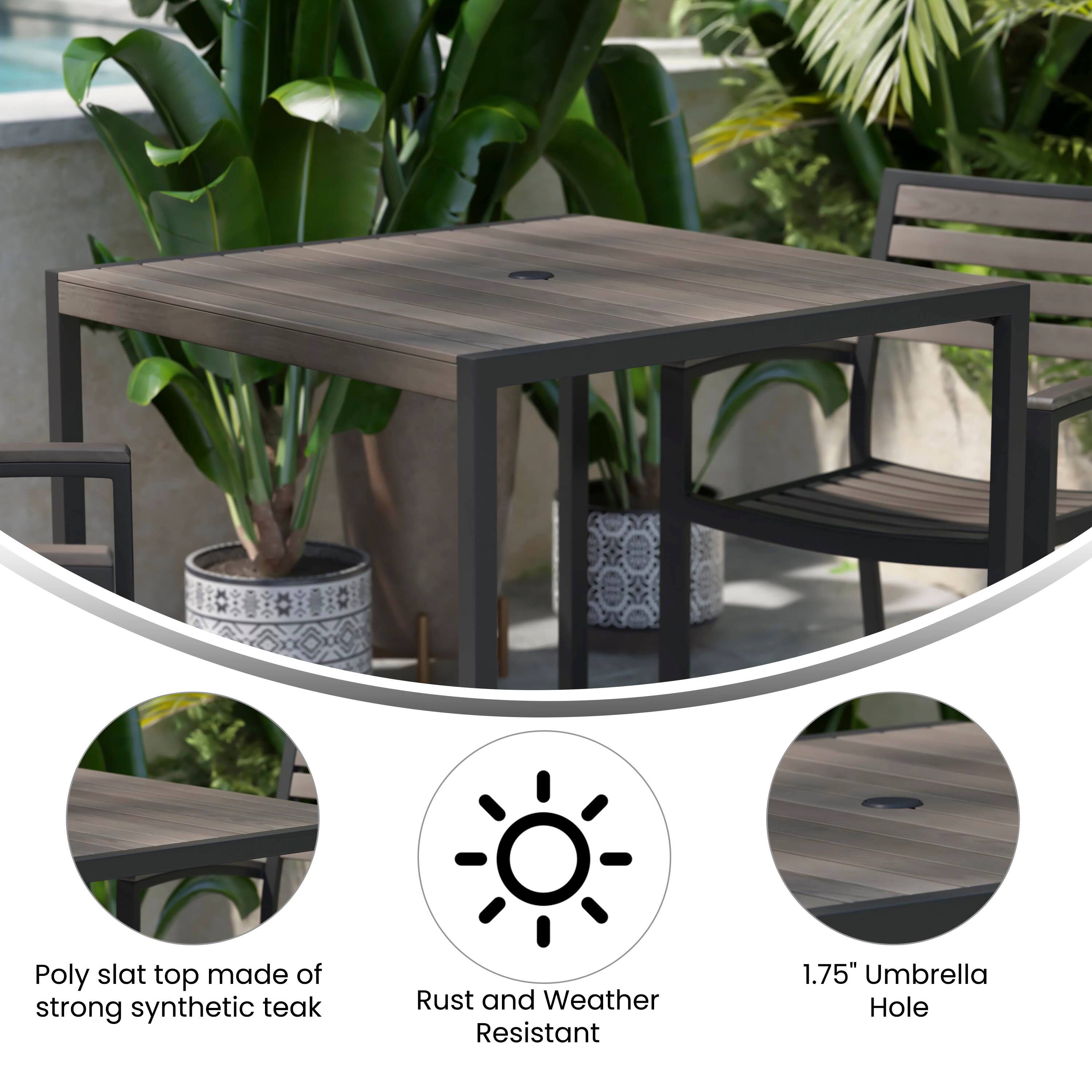 Poly slat top made of strong synthetic teak  
Rust and Weather Resistant  
1.75" Umbrella Hole