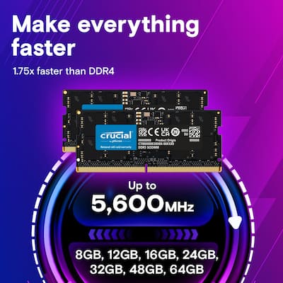 Crucial 16GB DDR5 5600MHz C46 SODIMM Laptop Memory Black Crucial 16GB DDR5 5600MHz C46 SODIMM Laptop Memory Black
