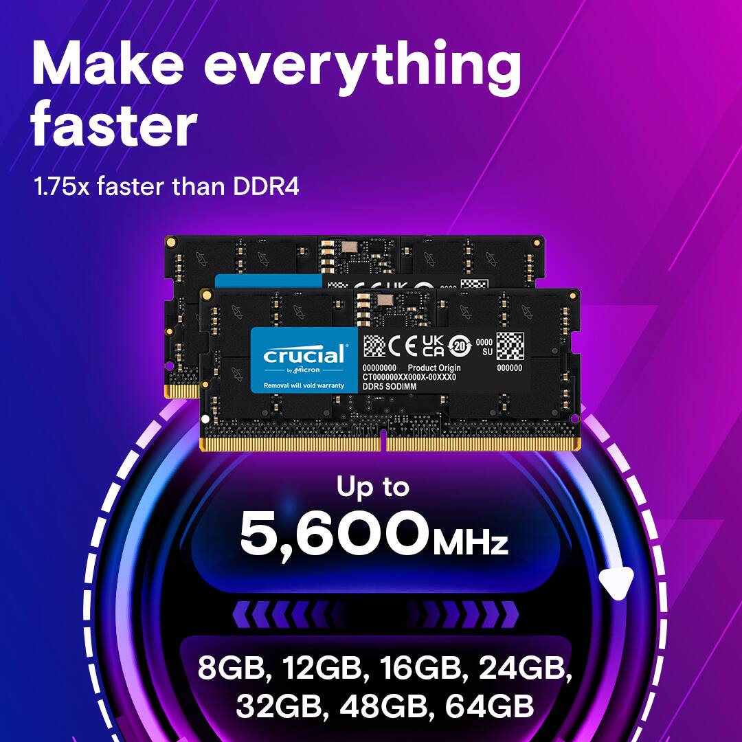 Make everything faster
1.75x faster than DDR4
UK 0000 C E 20 crucial CA SU - picron 00000000 Product Origin 000000 CT000000XX000X-00XXX0
Removal will void warranty
DDRS SODIMM
Up to 5,600MHz
8GB, 12GB, 16GB, 24GB, 32GB, 48GB, 64GB