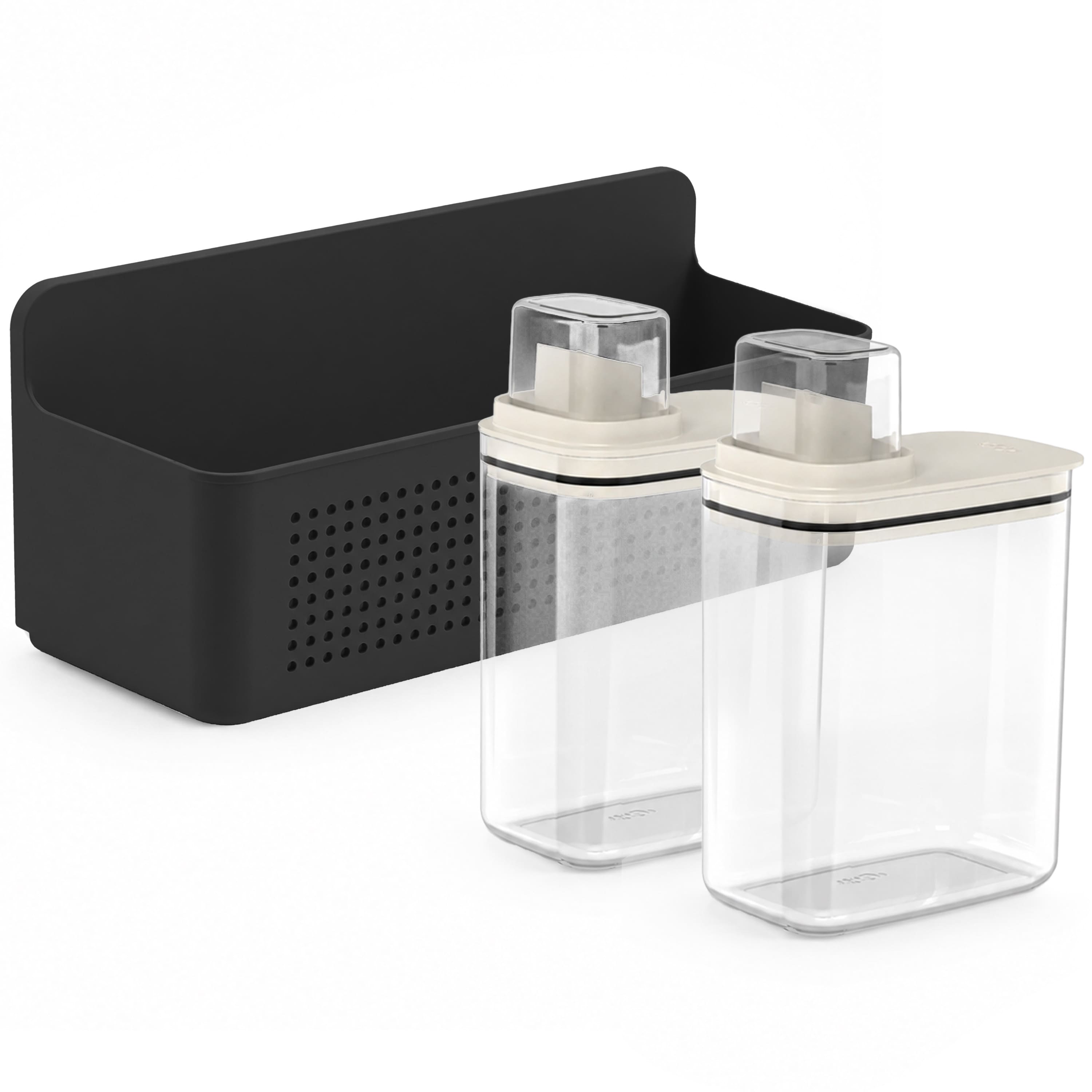 OU - Laundry Detergent Dispenser & Wall Rack Set, 2‑Pack 50 oz Clear Soap Dispensers w/ Measuring Cap & Hanging Storage Rack - Black