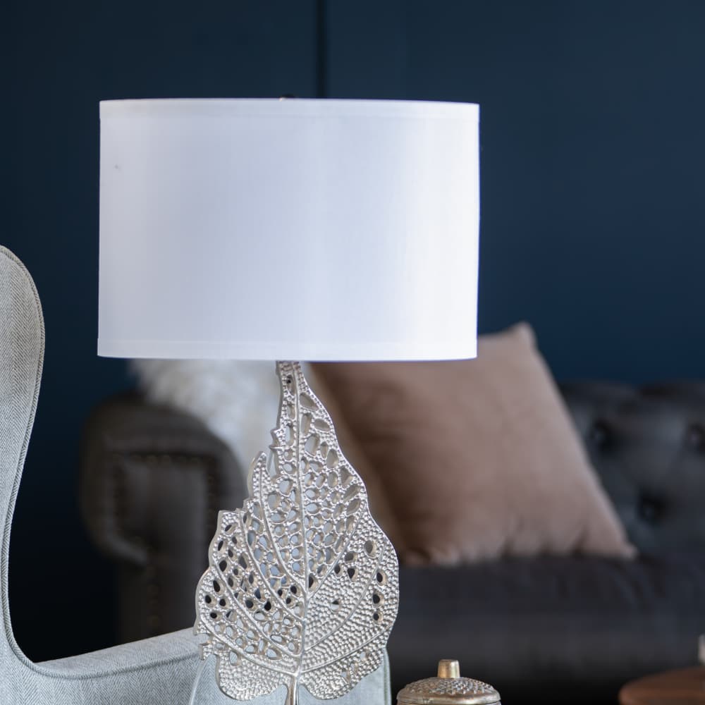 Alt View 2. Luckbyte - 15x29.3 Inch White Silver Leaf Table Lamp With Drum Shade Marble Base Assembly Required.