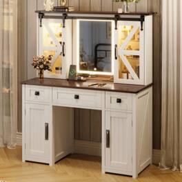 LUCKY ONE - 43.3" Farmhouse Makeup Vanity Desk w/ Lighted Mirror Charging Station Barn Door - Beige