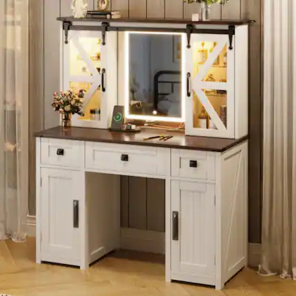 Front. LUCKY ONE - 43.3" Farmhouse Makeup Vanity Desk w/ Lighted Mirror Charging Station Barn Door - Beige.