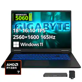 GIGABYTE - Upgraded - GAMING A18 18" Gaming Laptop,AMD Ryzen 7 260,NVIDIA GeForce RTX 5060,32GB,2TB SSD+1TB Dock Set,Backlit,Win 11 - Black
