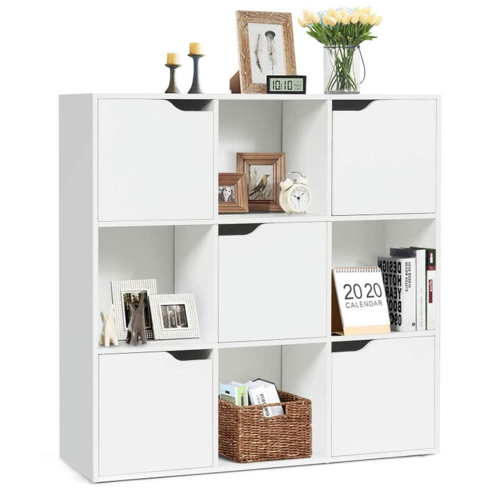 Pefilos - Free Standing 9 Cube Storage Wood Divider Bookcase for Home and Office- Tall Bookshelf, Shelves for Living Room - White