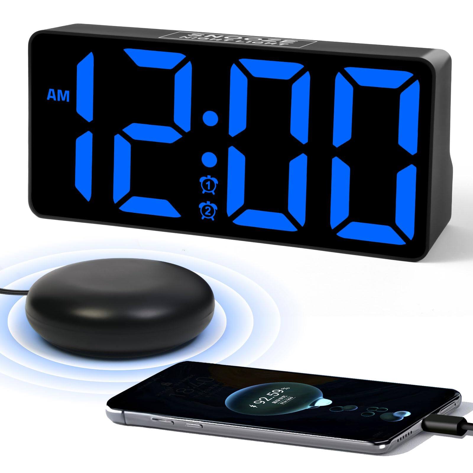 Dazzed Corner - Alarm Clock with Bed Shaker, Dimmable LED Digital Dual Alarm - Blue Digit