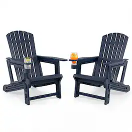 Costway - HDPE Adirondack Chair Set of 2 with Cup Holder, Wood-Like Texture, High Backrest - Blue