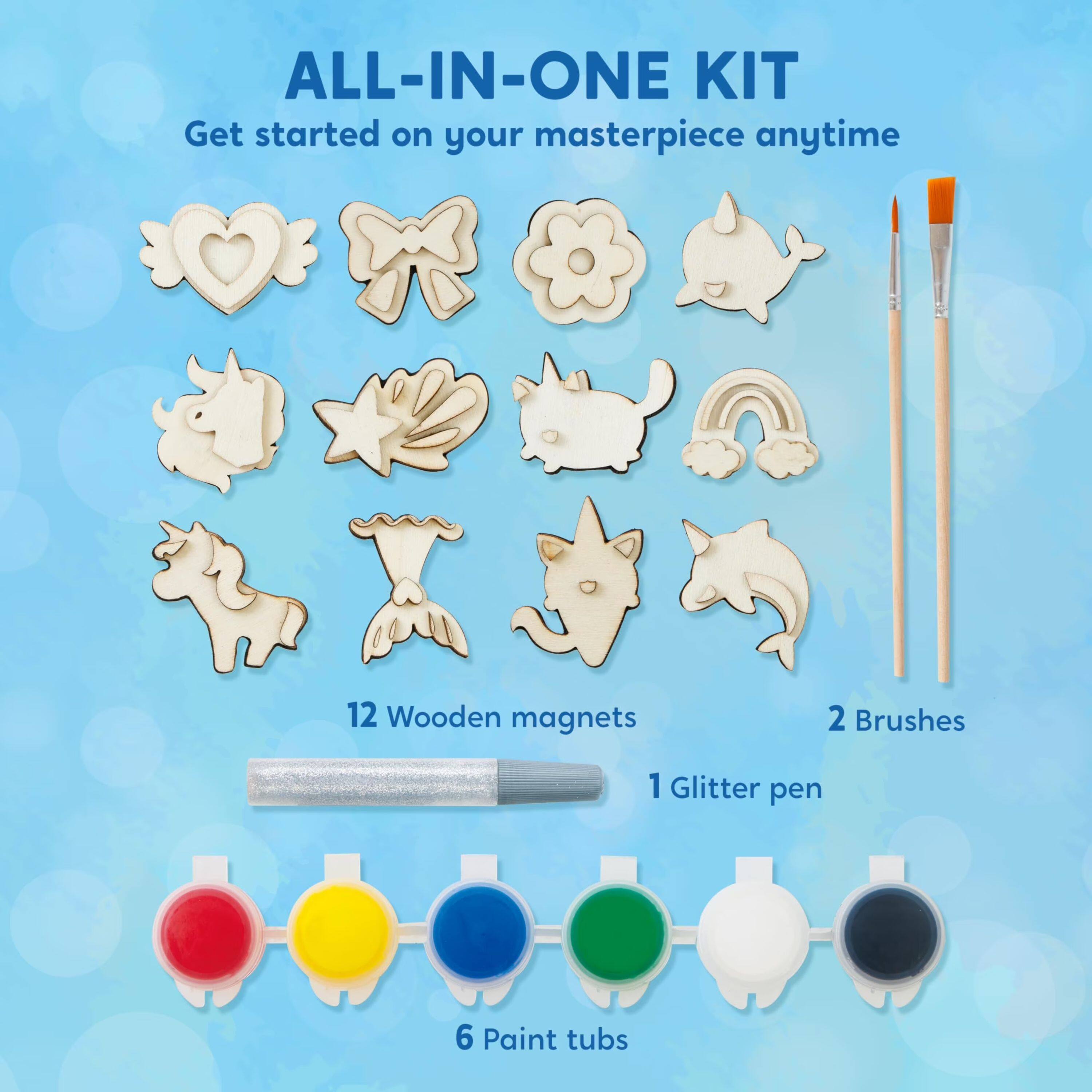 ALL-IN-ONE KIT  
Get started on your masterpiece anytime

12 Wooden magnets  
2 Brushes  
1 Glitter pen  
6 Paint tubs