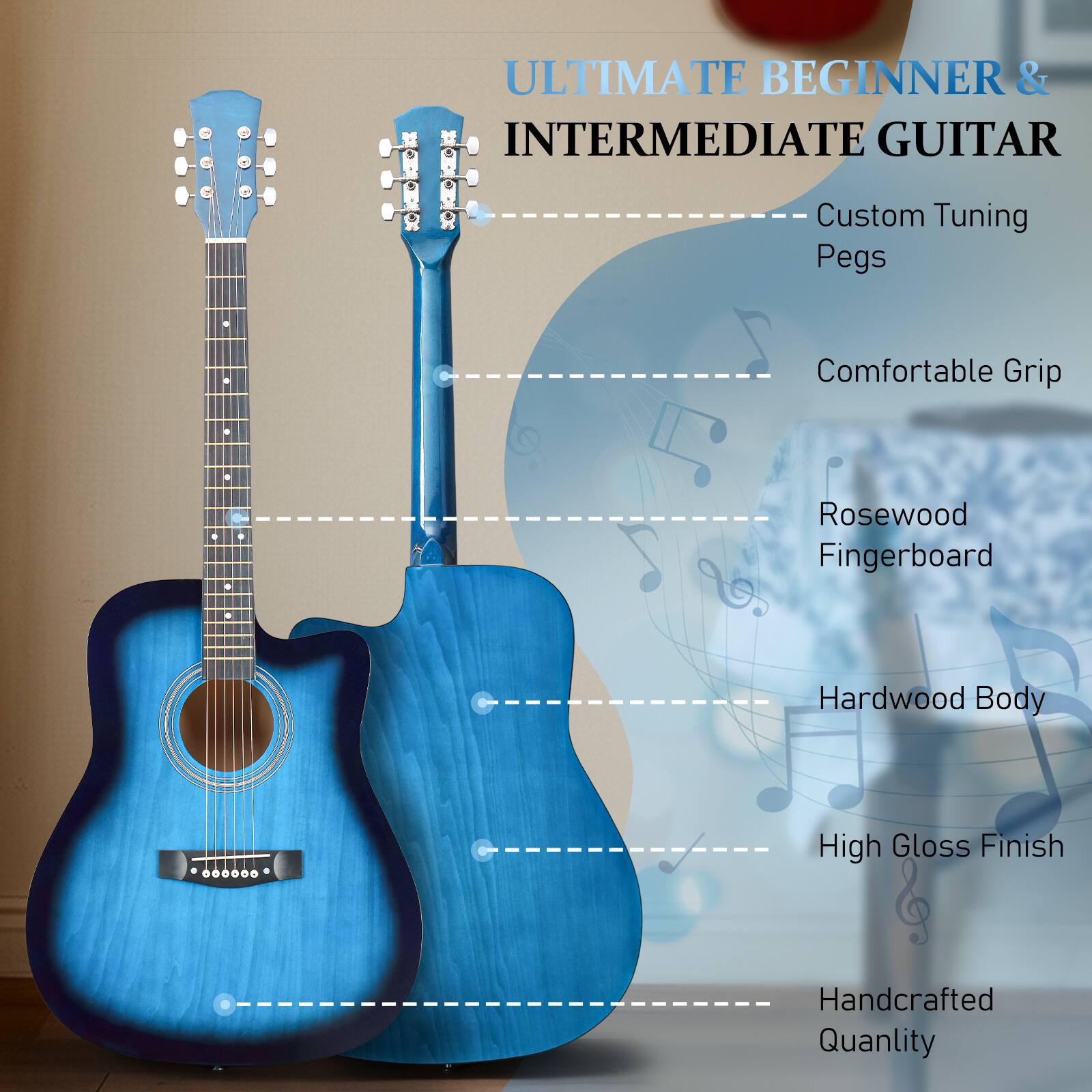 ULTIMATE BEGINNER & INTERMEDIATE GUITAR

- Custom Tuning Pegs
- Comfortable Grip
- Rosewood Fingerboard
- Hardwood Body
- High Gloss Finish
- Handcrafted Quality