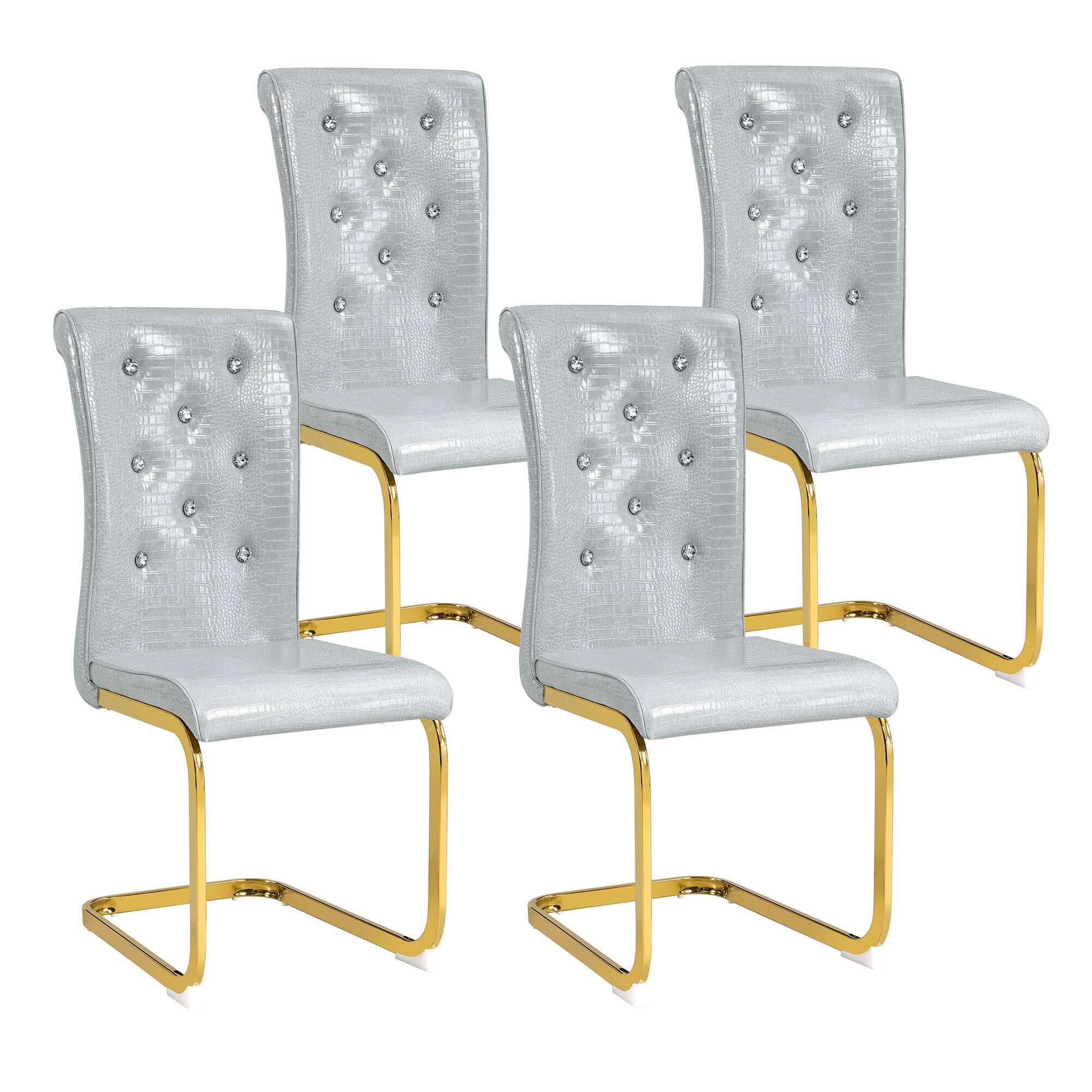 Alt View 6. Loheer - Set of 2 Faux Leather Dining Chairs Retro Alligator Skin Gold Bow Leg Crystal Tufted Seating 16.4x22.4x39.6 inches - Gray.