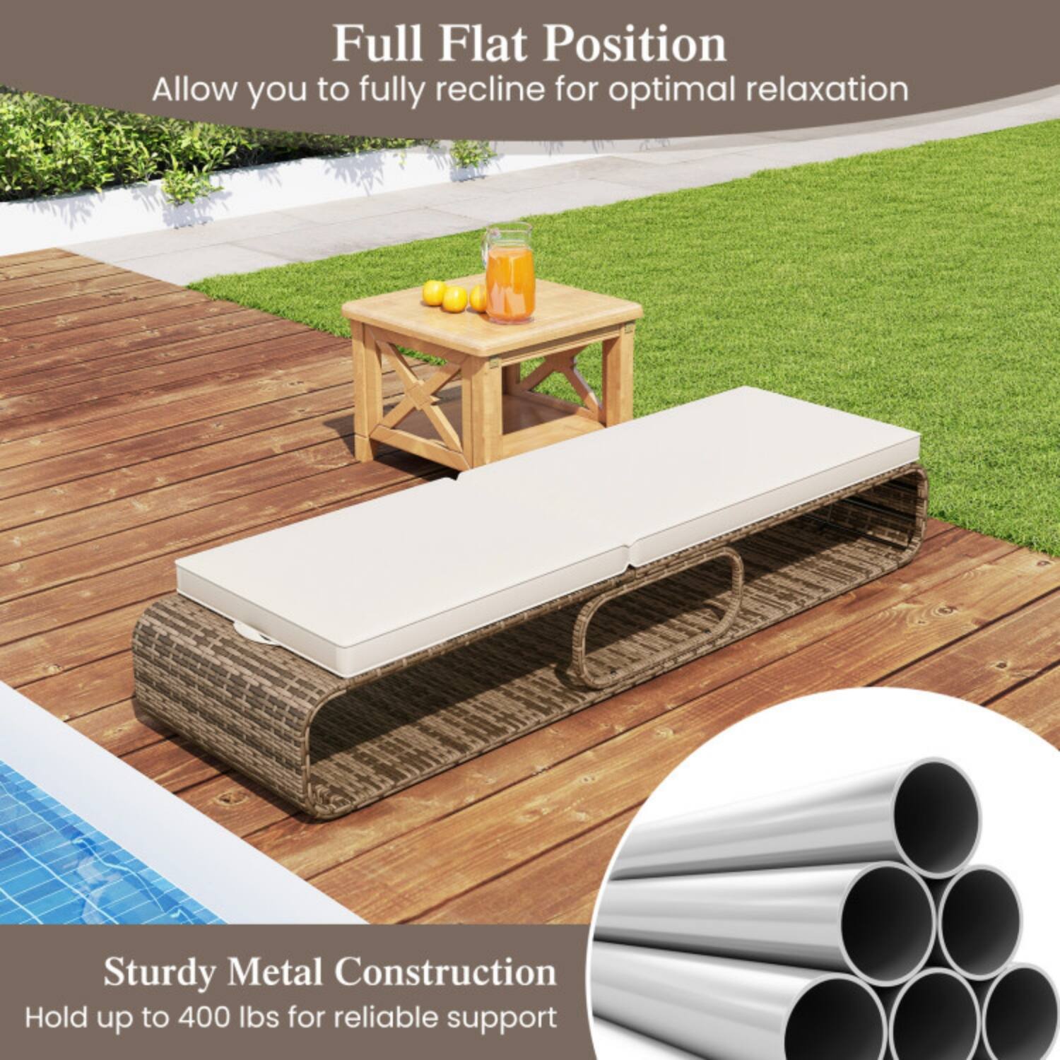 Full Flat Position  
Allow you to fully recline for optimal relaxation  

Sturdy Metal Construction  
Hold up to 400 lbs for reliable support