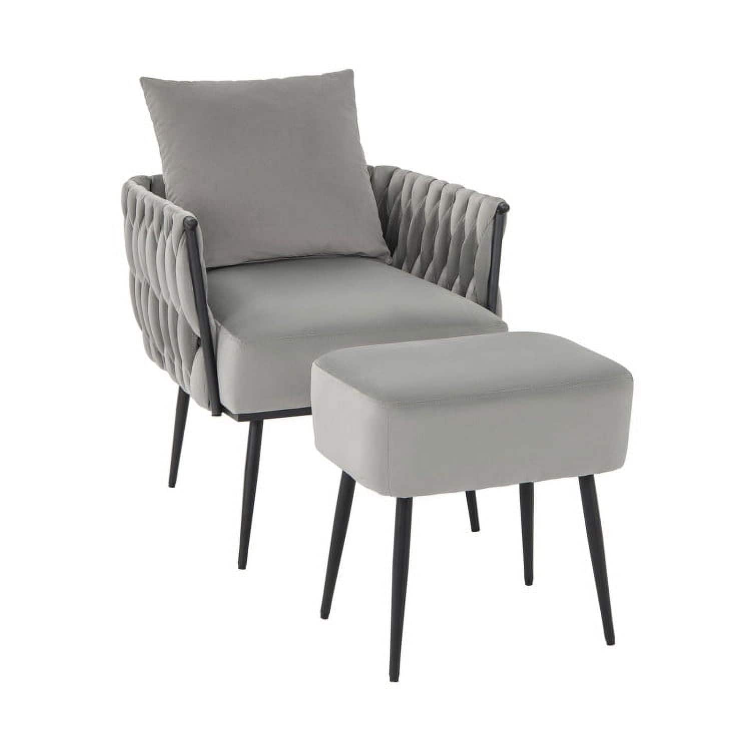 Pefilos- Modern Dutch Velvet Accent Chair and Ottoman Set with Weaved Back and Arms,Padded Cozy Lounge Chair, Leisure Sofa- Gray