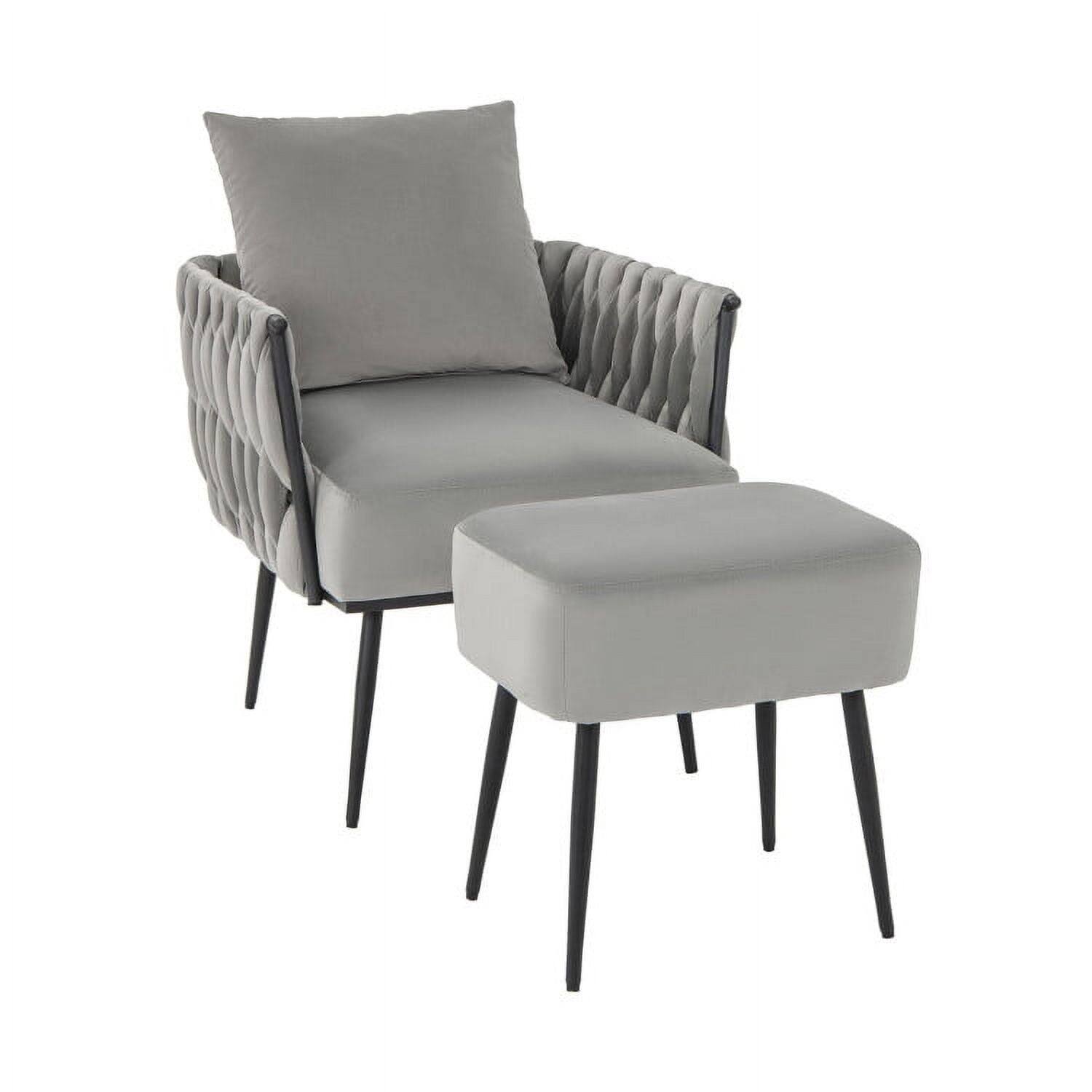Front. Kadyn - Modern Dutch Velvet Accent Chair and Ottoman Set with Weaved Back and Arms, Fabric Lazy Chair Large Accent Chair - Gray.