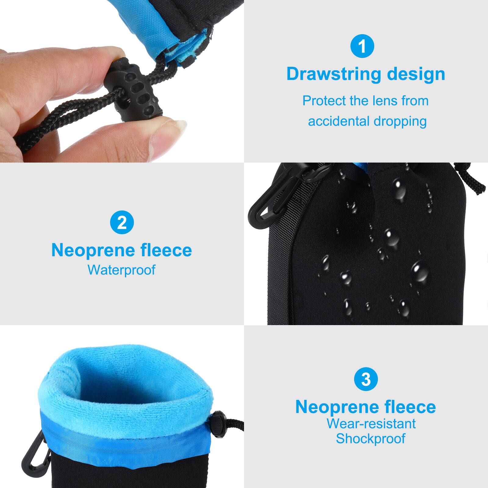 1. Drawstring design  
   Protect the lens from accidental dropping  

2. Neoprene fleece  
   Waterproof  

3. Neoprene fleece  
   Wear-resistant  
   Shockproof